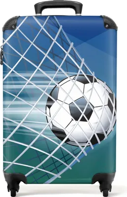 Produktbild von NoBoringSuitcases.com Kinder Handgepäck Koffer 55x35x20 cm, 36L, Kinderdrucke für Jungen: Blau - Fußball im Tor, Reisekoffer mit 4 Rollen