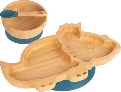 Produktbild von 3pc Navy Blau Kinder Bambus Dinosaurier Teller, Schüssel & Löffel-Set mit Silikon-Saugnapf - Segmentiertes Design Baby & Kleinkind Entwöhnung Geschirr - Umweltfreundlich & Biologisch Abbaubar - Von Tiny Dining