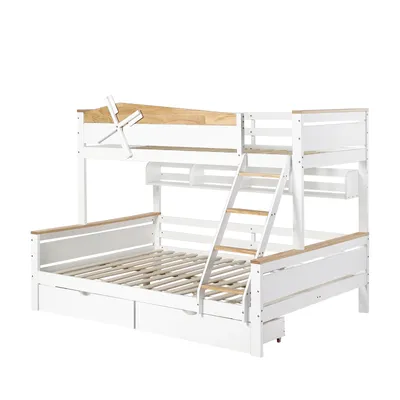 Produktbild von Fortuna Lai Etagenbett 90x200cm/140x200cm mit Windmühle und Regalen, Kinderbett mit  Rausfallschutz und Schubladen, Massivholzbett, Hochbett Massivholzbett Hausbett Stockbett, Weiß