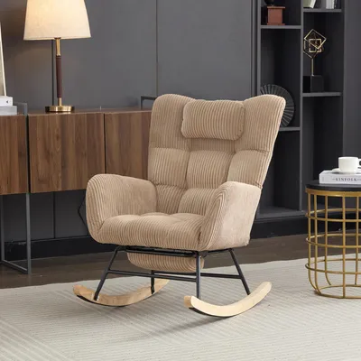 Image de OKWISH Fauteuil à Bascule - Rocking-Chair en Bois Massif avec Coussin Cervical et Pieds Métalliques, Marron
