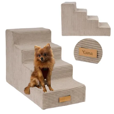 Produktbild von Hundetreppe 4 Stufen personalisiert mit Namen, Haustiertreppe für Hunde und Katzen, Einstiegshilfe für ältere und kranke Tiere, Hunderampe