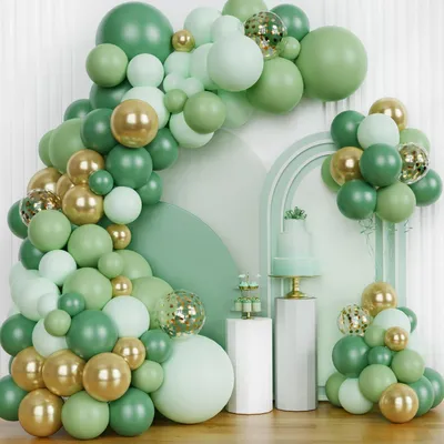 Zdjęcie produktu dla Girlanda z balonów, 147 sztuk, kolor oliwkowy, z dodatkiem złota, idealna na urodziny, wesele lub baby shower
