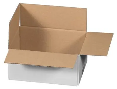 An open cardboard box with a white exterior and brown interior, shown from a slightly elevated angle.