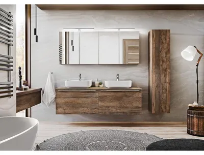 Image de Ensemble salle de bain double vasques blanches 160 cm + 4 éléments - Rosario Oak