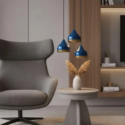 Produktbild von Opviq, Moderne Pendelleuchte, Metallkörper, Blau, Höhenverstellbar 25-111 cm, Ø30 cm Basisplatte, 3 x E27 Max 40 W, IP20, Ideal für Hotel & modernes Zuhause, Elegantes Design.