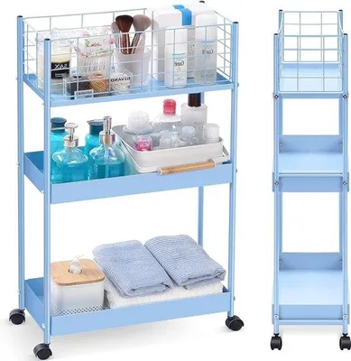 Obrázek produktu pro Uniqoos® Úzký kuchyňský vozík se 3 policemi na kolečkách – multifunkční regál do úzkých prostor, úsporný vozík do kuchyně, koupelny a kanceláře, modrá barva
