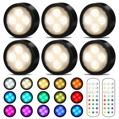 LED-Pucklampen, 6er-Set, batteriebetrieben, Farbwechsel, Fernbedienung, schwarz