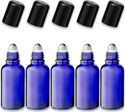 Produktbild von 5x Blaue Glasflasche 30 ml Roll-On mit schwarzem Schraubverschluss Set
