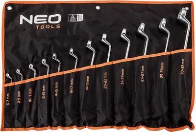 A set of Neo Tools wrenches laid out in a black fabric roll-up case with orange trim.