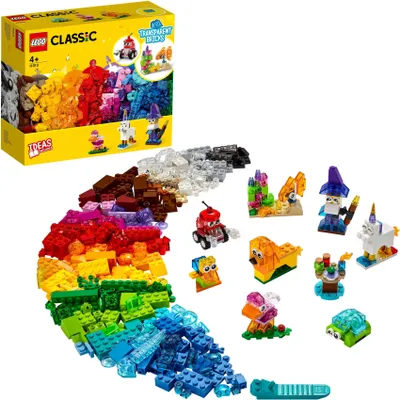 Produktbild von LEGO Classic Kreativ-Bauset mit durchsichtigen Steinen, mit Löwe, Vogel und Schildkröte, Konstruktionsspielzeug aus Bausteinen ab 4 Jahren 11013