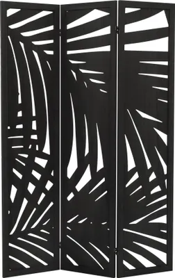 A three-panel room divider with a cut-out leaf pattern, presented against a white background.