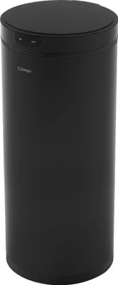 A black, cylindrical trash can with a sensor lid.