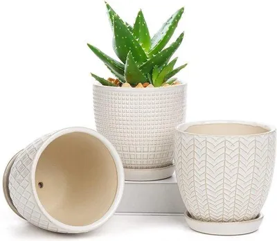 Produktbild von Keramische Pflanztopf-Set - 3er-Pack - Sukkulenten-Pot mit Abwasserloch - für Fettblättrige Pflanzen Cactus - Innen und Außen - Balkon Terrasse - Durchmesser Oairse