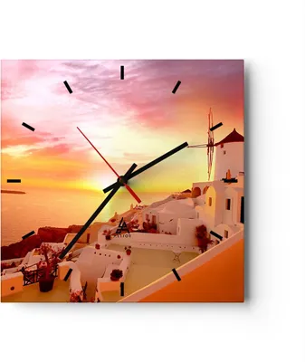 Produktbild von Wanduhr - Quadrat - Glasuhr - Santorini Griechenland Urlaub - 30x30cm - Schleichendes Uhrwerk - Lautlos - zum Aufhängen bereit - Dekoration Modern - Wanddekoration aus Glas - C3AC30x30-2691