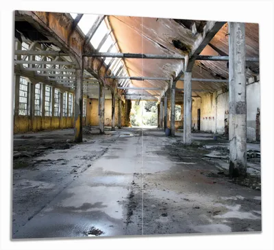 Produktbild von Wallario Herdabdeckplatte aus Glas, Größe 60 x 52 cm 2-teilig, Motiv Alte Industriehalle  leerstehend und einsam
