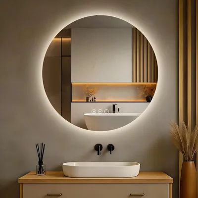 Produktbild von Badspiegel mit Beleuchtung Rund 60 cm, S'AFIELINA LED Spiegel, dimmbar, 3 Lichtfarben, Antibeschlag, Touch, Speicherfunktion, IP65,wasserdicht für Bad