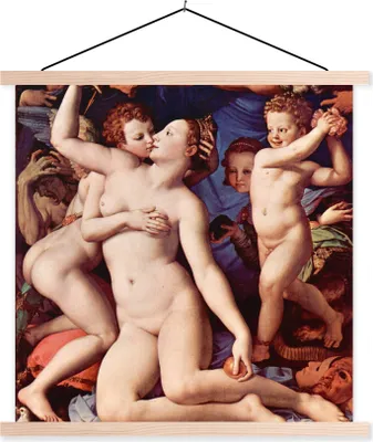 Produktbild von MuchoWow® Textilposter Venus, Amor, Torheit und Zeit - Leonardo da Vinci 120x120 cm mit holzfarbenen Rahmen - Textil-Poster