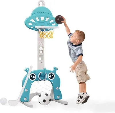 Image de panier de basket-ball réglable en hauteur 4 en 1 pour enfants - but de football - jeu de golf - lancer d'anneaux - bébés et jeunes enfants
