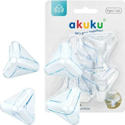 A package of four clear corner protectors for furniture, designed for child safety.