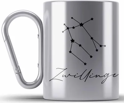 Produktbild von Trendation - Zwilling Sternzeichen Edelstahl Tasse Karabiner Geschenk Horoskop Tierkreiszeichen (Silber)