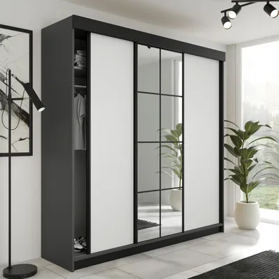 Image de KIER FURNITURE Armoire à portes coulissantes LAMARO avec miroir. Armoire chambre à coucher 200x205x59cm