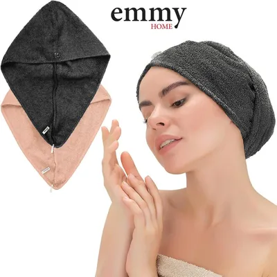 Produktbild von 2er Set Haarturban mit Knopf aus 100% Baumwolle Haartrockentuch Anthrazit, Rosa