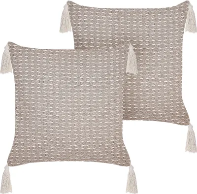 Zdjęcie produktu dla BELIANI Zestaw 2 poduszek beżowoszary 42 x 42 cm ozdobne poduchy z geometrycznym wzorem frędzlami zdejmowane poszewki z wypełnieniem