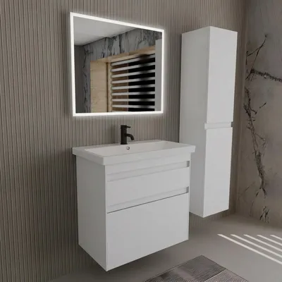 Produktbild von Alpenberger Badmöbel Set mit LED Spiegel & Hochschrank - Keramik Waschbecken mit Unterschrank - Softclose - Vormontiert - 60/80/100/120 cm