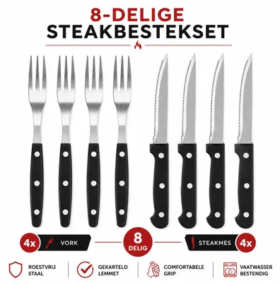Productafbeelding van 8-delige Steakbestekset – 4 Steakmessen en 4 Vorken – Gekartelde Messen – RVS Lemmet – Kunststof Handvat – BBQ Bestekset