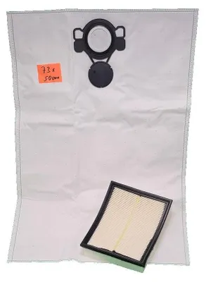 A white vacuum cleaner bag and a filter are laid out on a white background.