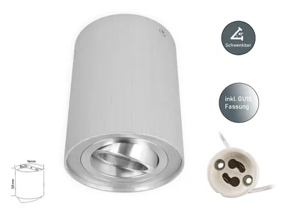 A white cylindrical LED ceiling light with a silver interior and a diagram showing its dimensions.