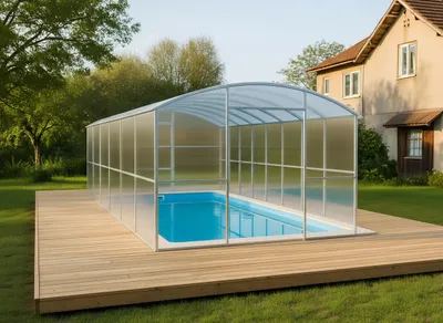 Obrázek produktu pro Krycí plachta na bazén Garten Dream "Avalon" 3x10M s 4mm polykarbonátem Celoroční použití. Odolný proti sněhu a větru. Dvojité dveře na každé straně. Ochrana proti korozi