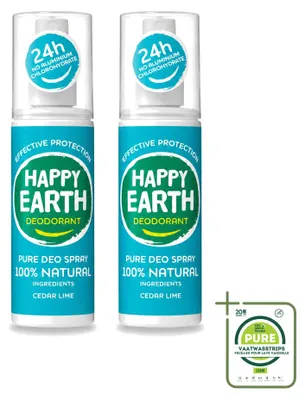 Zdjęcie produktu dla 2 sztuki dezodorantu w sprayu Happy Earth, zapach cedru i limonki – 100 ml – opakowanie zbiorcze