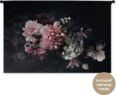 Produktbild von MuchoWow® Wandteppich Wandbehang Blumen - Vintage - Pastell - Schwarz - Blumenstrauß 150x100 cm Tapisserie Dekoration Wandtuch - Waschbar - Tapisserien - Wand-Decke