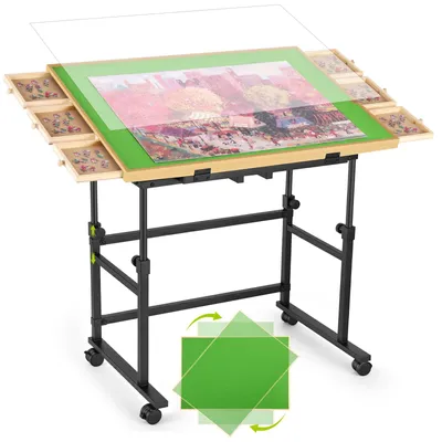 Produktbild von Douxlife Puzzletisch für 1500 Teile mit Schubladen & Rollen, höhenverstellbar 74-94 cm, 0-56° neigbar, 360° drehbar, 84x60 cm Brett, Schutzabdeckung