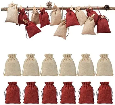 Obrázek produktu pro Adventský kalendář z jutových sáčků, 24 kusů - 10 x 14 cm - Sáčky na dárky - Vlastní výroba - Stahovací šňůrka - Udržitelné a opakovaně použitelné
