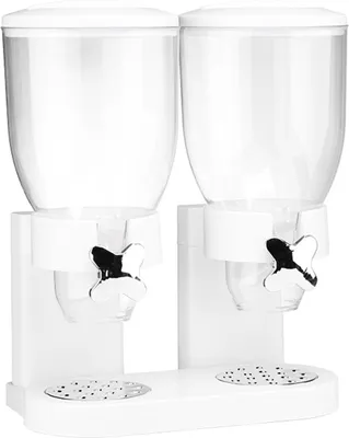 A white double cereal dispenser with clear containers and silver butterfly-shaped handles.