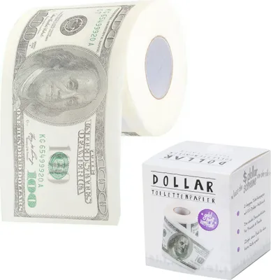 A roll of toilet paper printed with a US dollar bill design and its packaging.