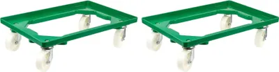 Produktbild von SparSet 2x Transportroller für Euroboxen 60x40cm mit Kunststoffräder grün | Offenes Deck | 2 Lenkrollen & 2 Bremsrollen | Traglast 300kg | Kistenroller Logistikroller Rollwagen Profi-Fahrgestell