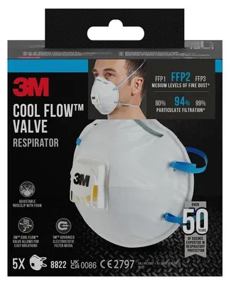 Produktbild von 3M Maske für Hand- und Maschinenschleifen 8822, FFP2, Halbmasken-Atemgerät, Luftreinigendes Atemgerät, FFP2, Konstruktion, Gas & Öl, Industrielle Wartung, Weiß, 5 Stück(e)