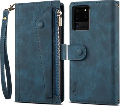 Produktbild von Schutzhülle für Samsung Galaxy S20 Ultra / S20 Ultra 5G Reißverschluss Hülle, Leder Klapphülle Kartenfach Standfunktion Brieftasche mit Trageband Blau