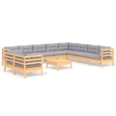 Produktbild von 11-tlg. Garten-Lounge-Set mit Grauen Kissen Massivholz Kiefer