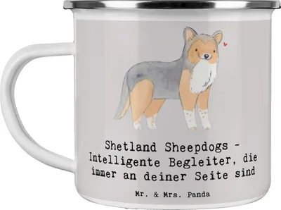 Produktbild von Mr. & Mrs. Panda Teetasse Shetland Sheepdog Freund - Grau Pastell - Geschenk, treue Gefährten, intelligente Begleiter, Emaille Tasse, Campingtasse, aktiver Hund, Merkmale