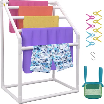 Zdjęcie produktu dla VEVOR wieszak na ręczniki wieszak na ręczniki z 5 wieszakami na ręczniki wolnostojący, basenowy wieszak na ręczniki 94 x 60 x 127 cm biały udźwig 25 kg, wieszak na ręczniki z PVC z 8 klipsami na ręczniki i 1 haczykiem