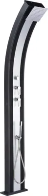 A modern shower panel with a curved design, featuring a rainfall showerhead, handheld shower, and multiple controls.