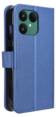 A blue flip case for a smartphone is shown.