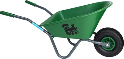 A green toy wheelbarrow with a train graphic on the side, shown against a white background.