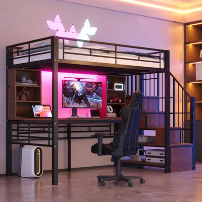 Produktbild von Merax Etagenbett Hochbett 90×200 cm mit Schreibtisch, Kinderbett mit LED und Steckdose, Stauraumtreppe links/rechts montierbar, Metallrahmen, Schwarz