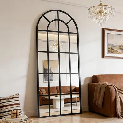 Produktbild von Gewölbte Ganzkörperspiegel Gewölbter Standspiegel Bruchsicheres Glas Wandspiegel mit Aluminiumlegierung Rahmen - Schwarz, 175x63cm | 69" L x 25" W