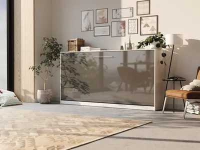 Produktbild von Schrankbett Smartbett Frotto 90x200H ausklappbar für erholsamen Schlaf mit Gasdruckfeder Weiss/Anthrazit Hochglanzfront